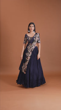 Blue Lehenga Set with Art Raw Silk & Chinnon Fabrics, Heavy Zardosi Work