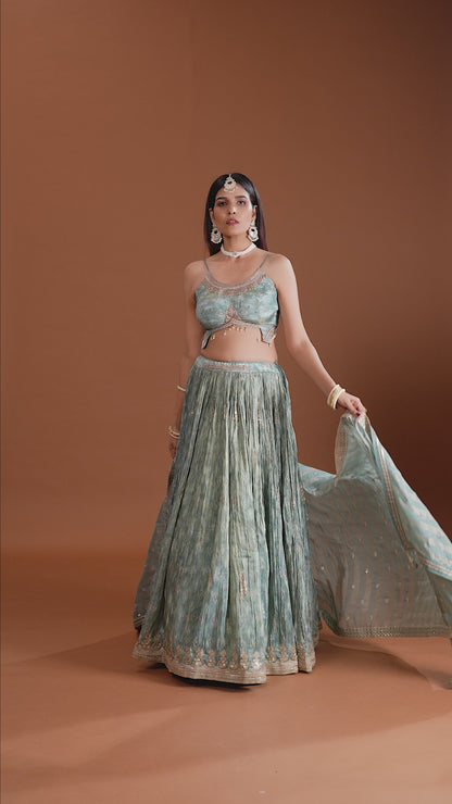 Green Tissue Lehenga Set with Organza Dupatta & Zari Zardosi Work