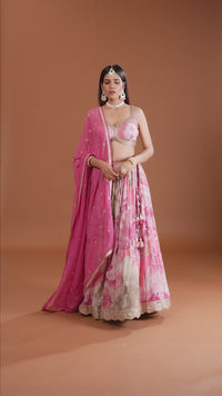 Pink Chinnon Lehenga Set with Organza Dupatta & Zari Zardosi Work