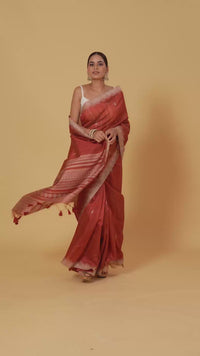 Brick Red Resham Woven Chanderi Saree with Unstitched Blouse