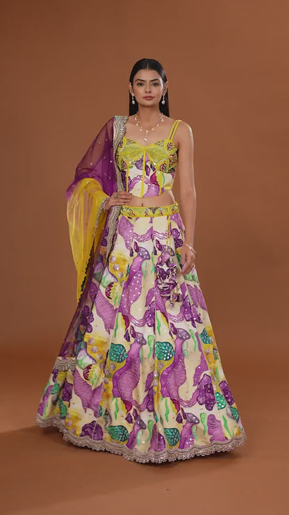 Multicolour Art Raw Silk Lehenga with Pure Raw Silk Blouse and Net Dupatta