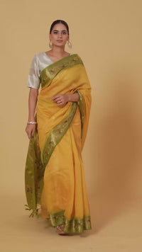Mustard Yellow Threadwork Chanderi Saree with Unstitched Blouse