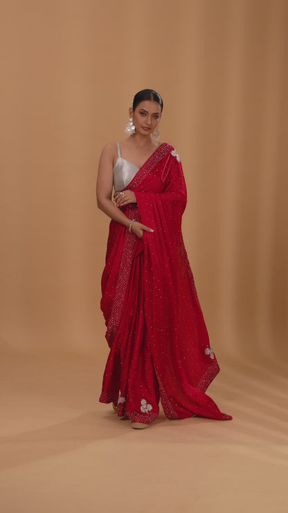 Red Satin Silk Saree with Stone Detailing and Unstitched Blouse