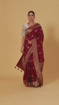 Maroon Dola Silk Saree with Unstitched Blouse