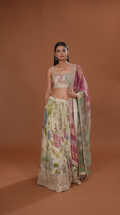 Beige Chanderi Lehenga Set with Multicolour Organza Dupatta
