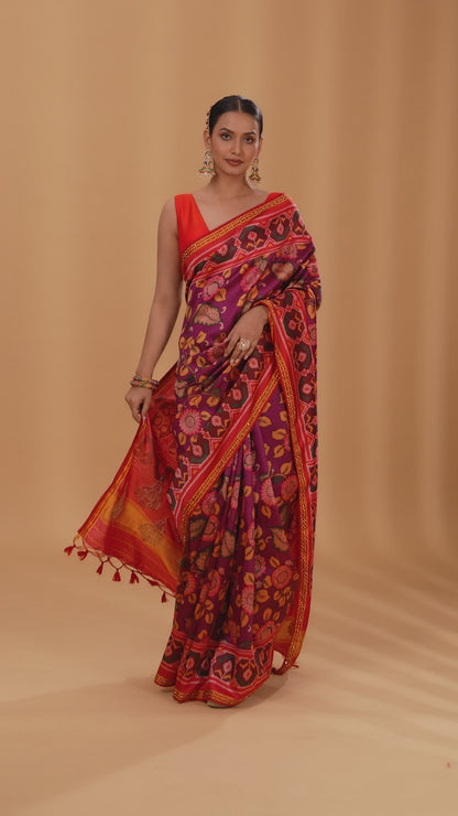 Purple Patola Silk Saree with Sequins & Stone Work (Unstitched)