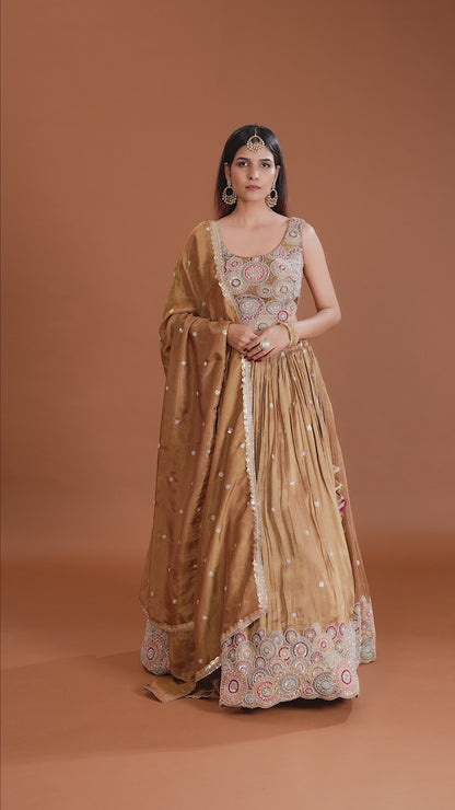 Dust Gold Tissue Lehenga Set with Aari, Sequins & Pearl Work