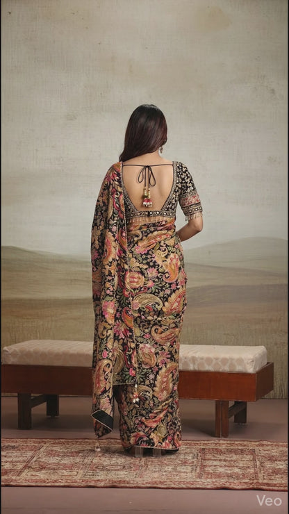 Elegant Black Crepe Saree with Zardosi, Moti, Sequence, Jadkan, Kundan, and Cutdana Work