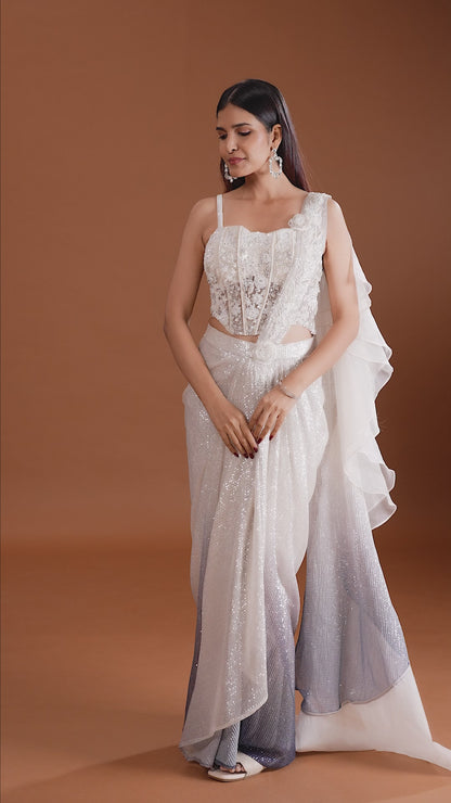 Ivory Net Saree with Stitched Net Blouse & French Knots Detail