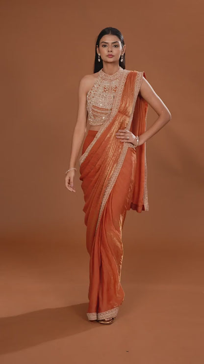 Rust Orange Pre-Stitched Crepe Saree with Mirror Work Blouse