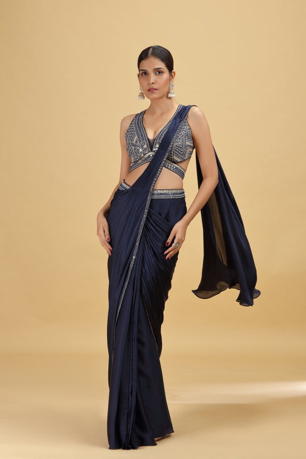 Navy Blue Crepe Saree with Abla, Mirror & Thread Work
