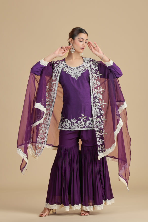 Purple Raw Silk Kurta Set with Abla & Mukesh Work