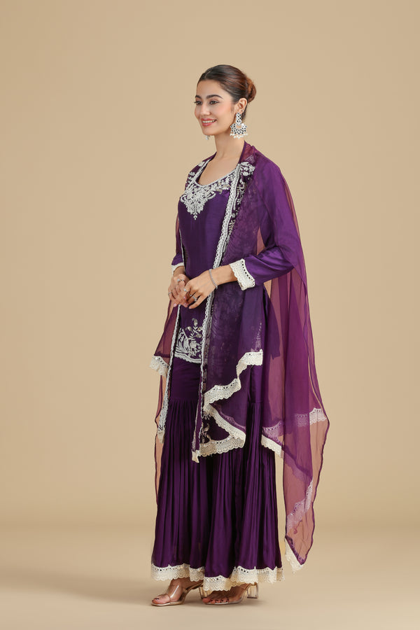 Purple Raw Silk Kurta Set with Abla & Mukesh Work