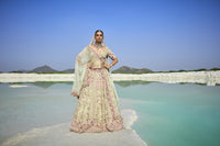 Woman in Sage Green Raw Pure Silk Lehenga Set standing on a platform with a scenic background