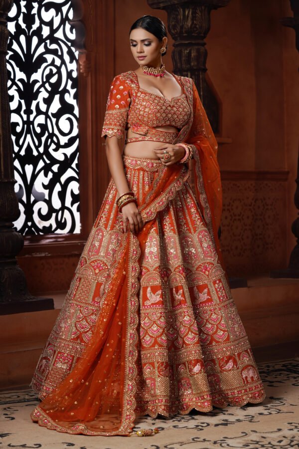 Orange colour lehenga for bride best sale