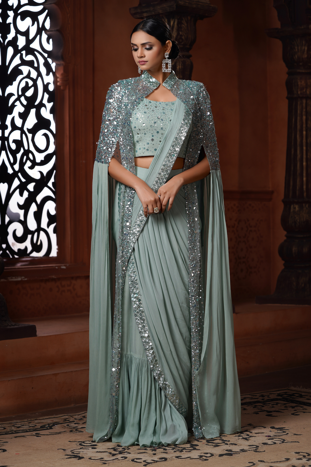 Mint Green Fusion Indo-Western Pre-Stitched Frill Saree – Roopkala ...