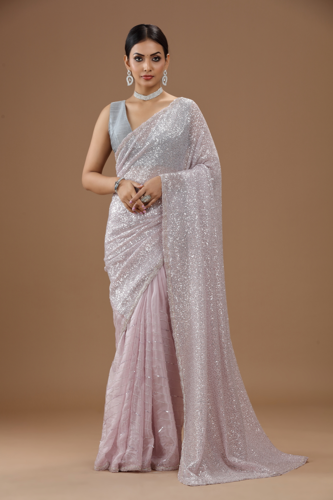 Blush Lavender Sequins Embroidered Half and Half Cocktail Saree – Roopkala  Heritage