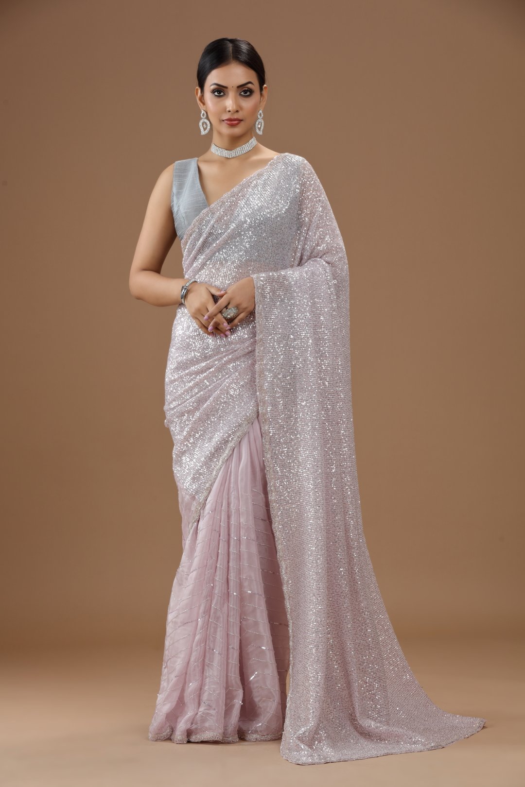 Blush Lavender Sequins Embroidered Half and Half Cocktail Saree Roopkala Heritage