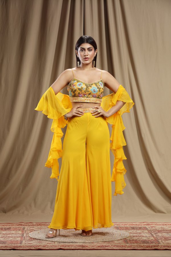 Buy Orange Crepe V Neck Ruffle Crop Top And Pant Set For Women by Nautanky  Online at Aza Fashions.