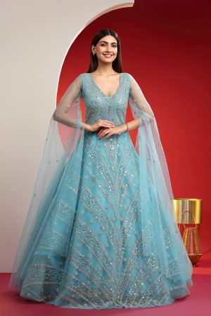 Shop Onion Pink Net Zarkan and Mirror Hand Work Anarkali Gown Wedding Wear  Online at Best Price | Cbazaar